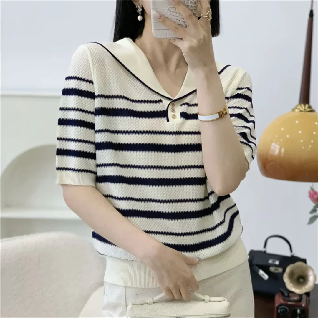 宽松显瘦【80-160斤】冰丝短袖女海军领高级百搭2026夏上衣女装019