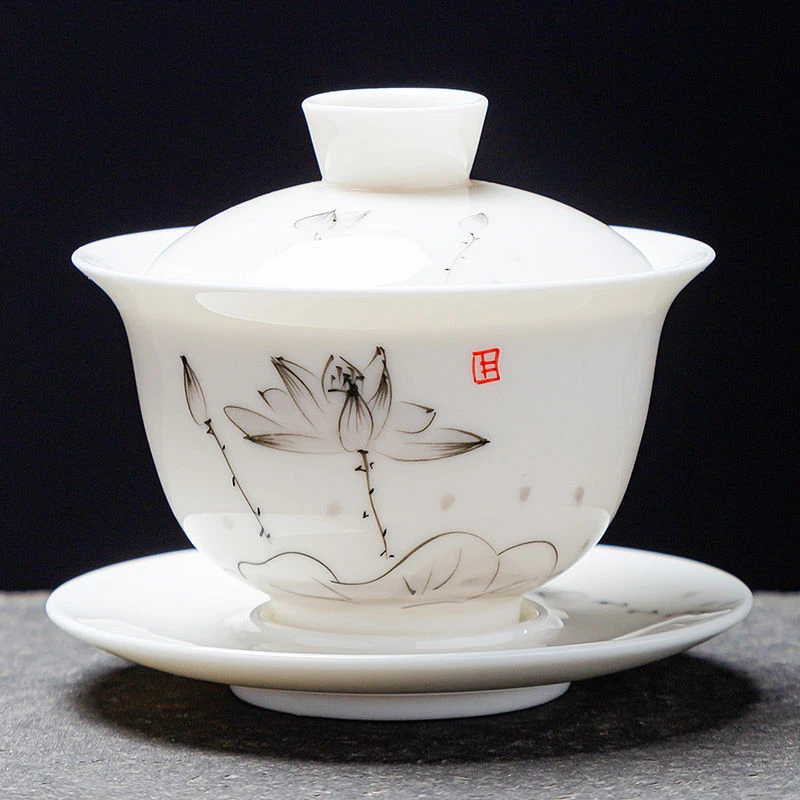 手绘功夫茶具家用羊脂玉白瓷盖碗泡茶壶茶杯轻奢高档2024新款