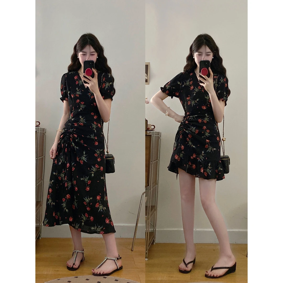 夏季大码女装茶歇法式碎花鱼开叉显瘦连衣裙胖MM小个子洋气女套装