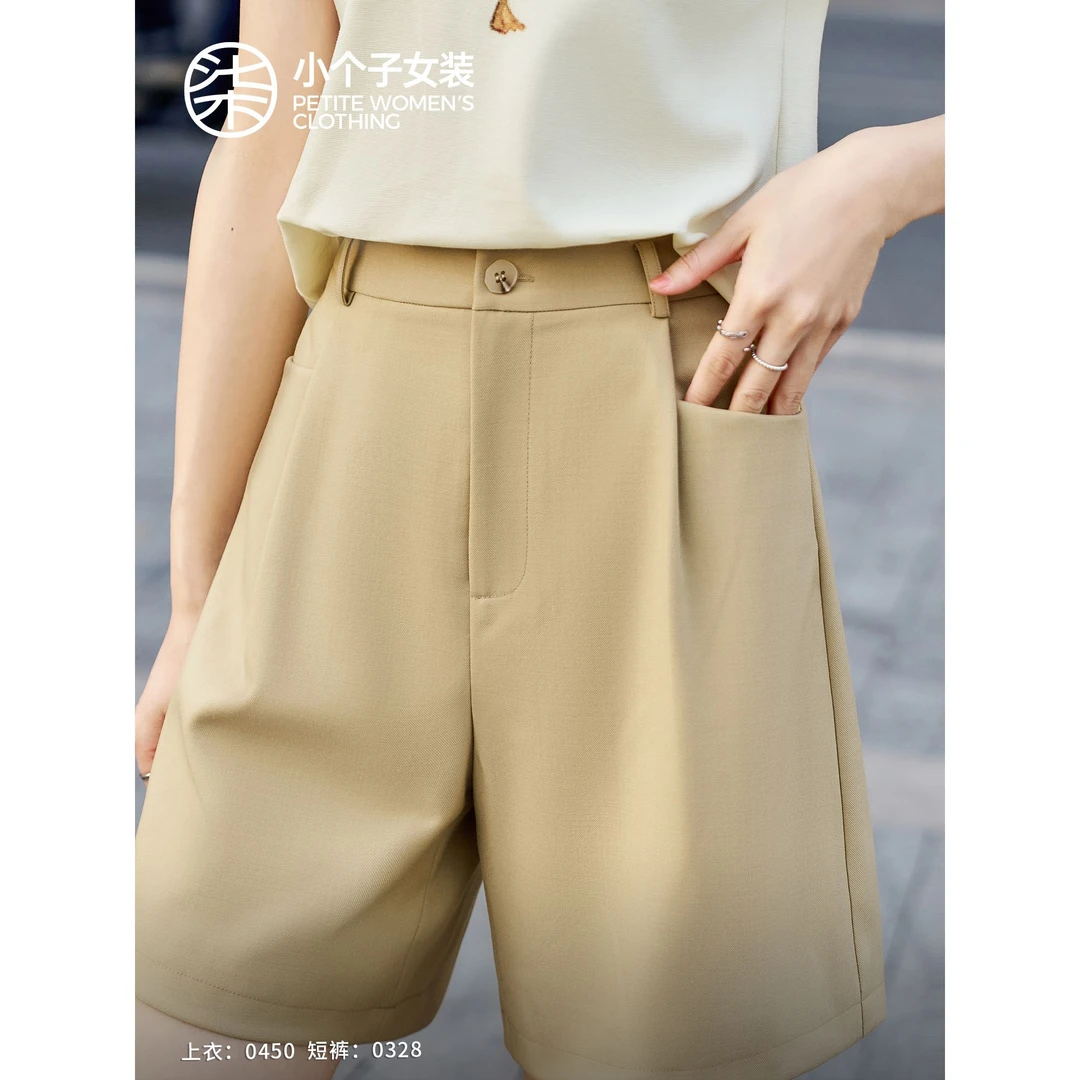 【柒量一裁】0328小个子卡其色休闲短裤清爽透气斜插月牙袋裤子女夏