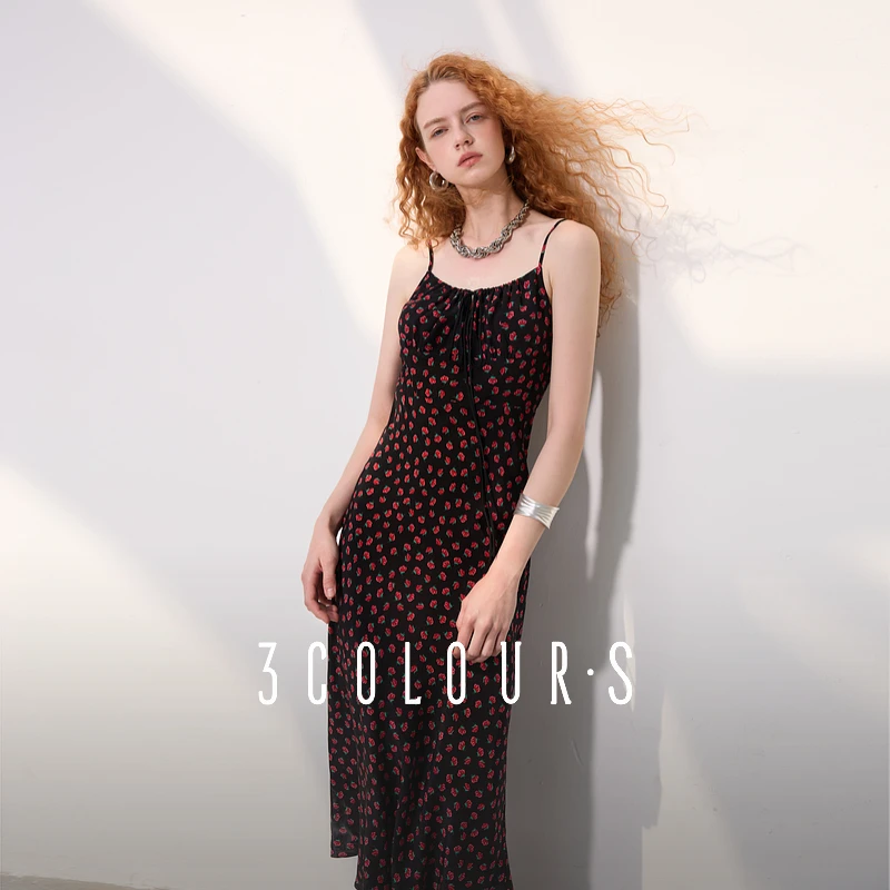 三彩2025春季新款碎花连衣裙无袖内搭吊带裙系带修身黑色长裙女S