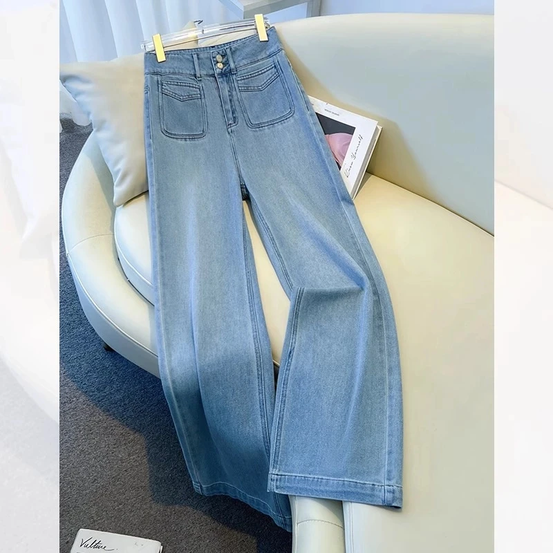拉夏贝尔浅色牛仔裤女夏季25新款今年流行的爆款直筒阔腿裤拖地裤