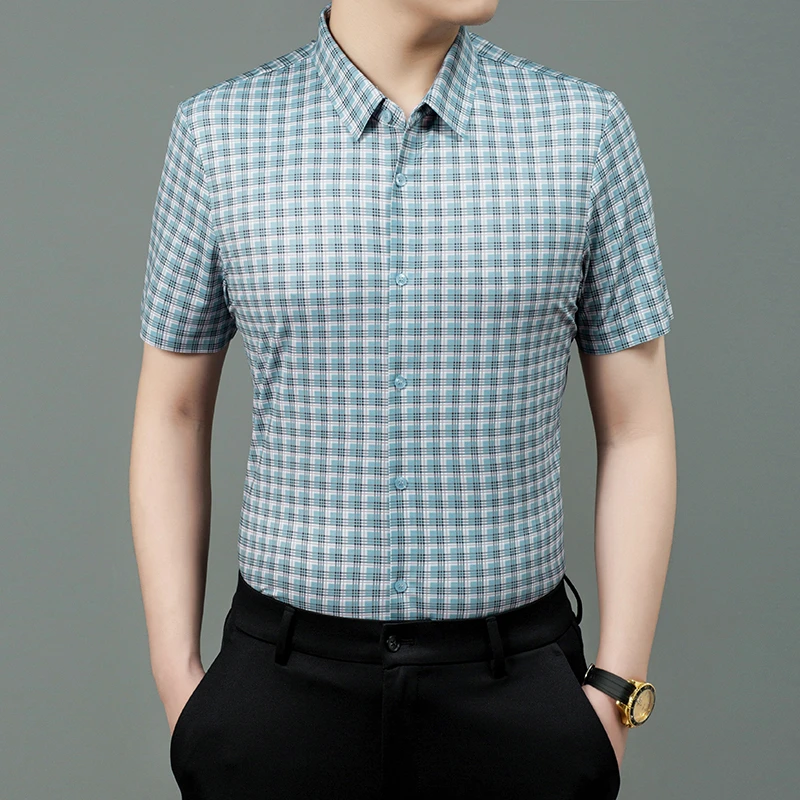 卡尔皮诺1632男士夏季格子短袖免熨衬衫高档新款中青年衬衣