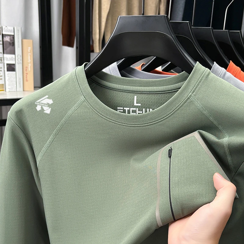 迪桑长袖T恤男2025春秋季新款户外圆领拼接打底透气城市轻运动风