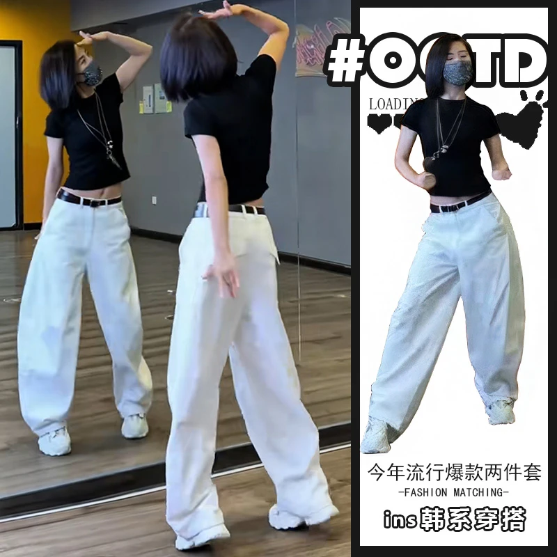 夏季韩式修身黑色短袖上衣高腰显瘦宽松拖地休闲垂感阔腿裤两件套