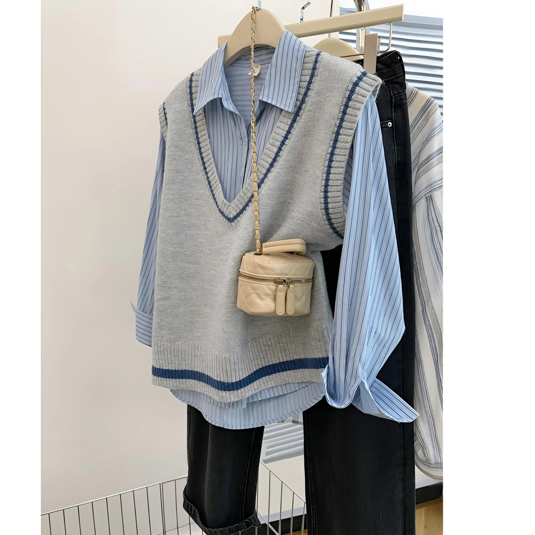 灰色v领针织马甲女早春春秋冬无袖外穿毛衣坎肩叠穿背心衬衫马夹