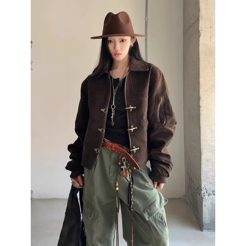 美拉德飞机锁扣美式复古咖色绒夹克男宽松情侣外套