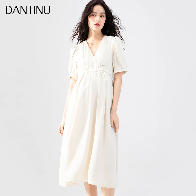 孕妇连衣裙夏季V领法式中长款百褶裙气质时尚简约宽松大码连衣裙