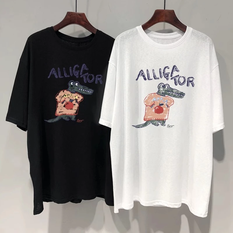 胖妹妹240斤大码卡通鳄鱼小众轻薄雪花棉短袖T恤女夏宽松时尚上衣