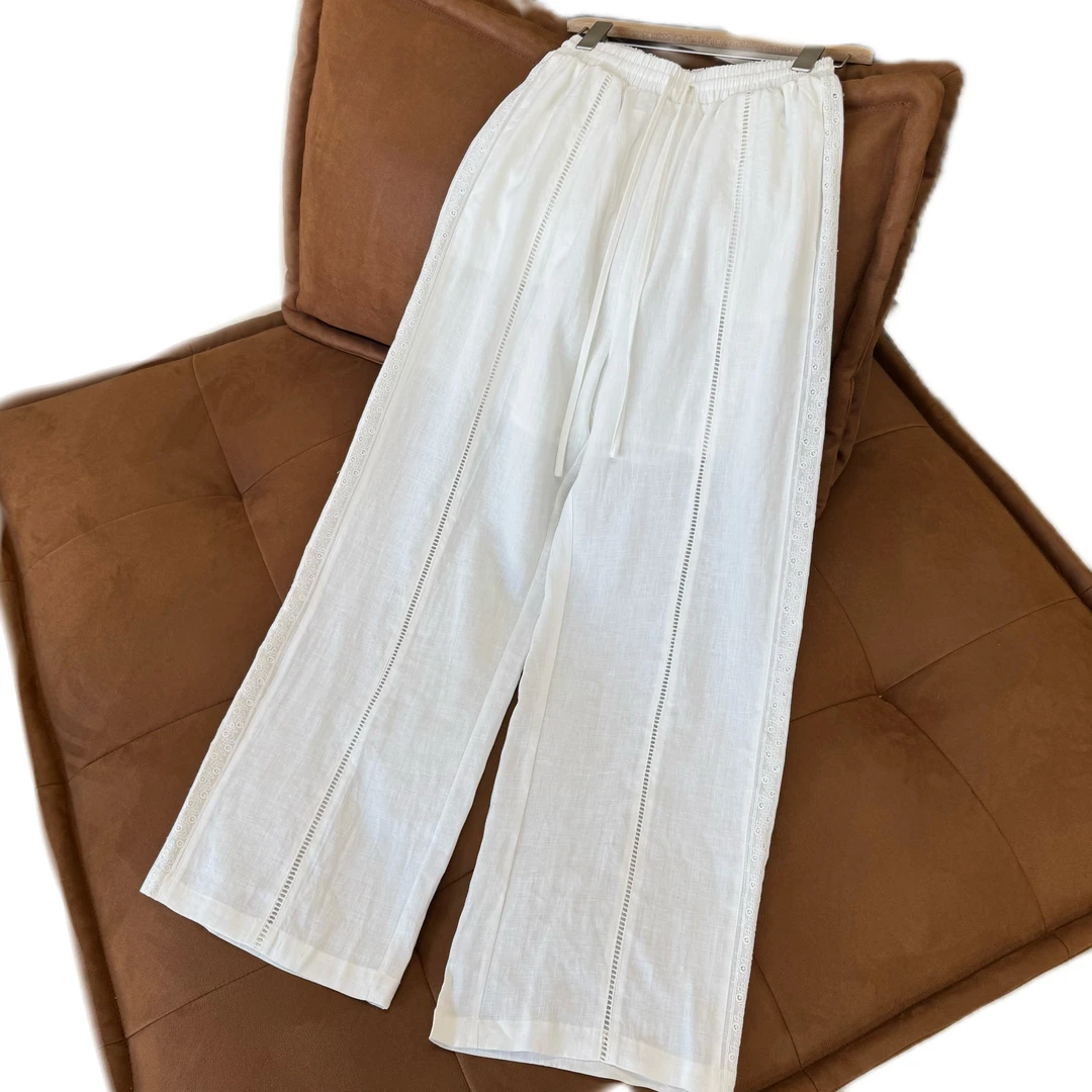 ZIZAI   白色灰色亚麻裤刺绣松紧腰显瘦直筒裤6708