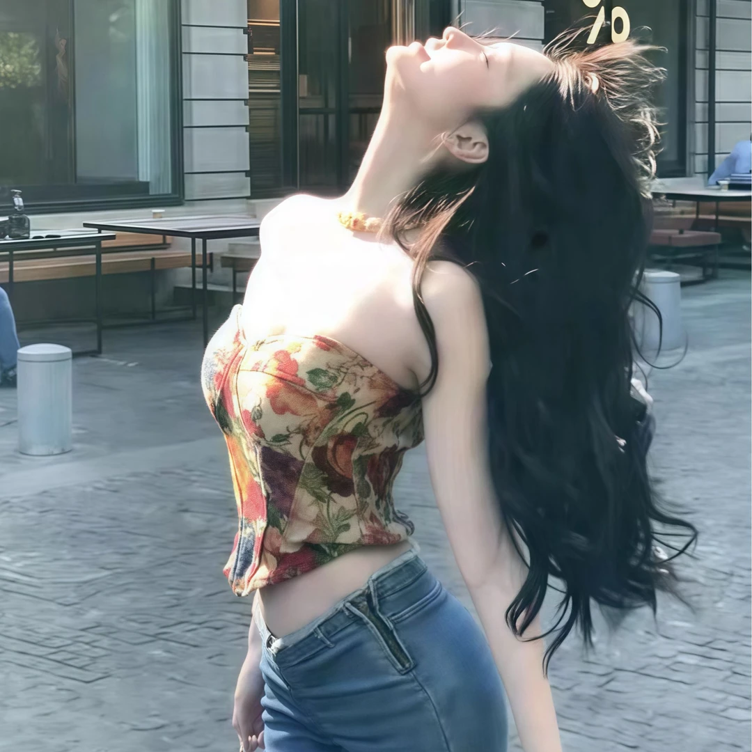 性感纯欲风碎花鱼骨束腰吊带背心女夏季度假风不规则修身抹胸上