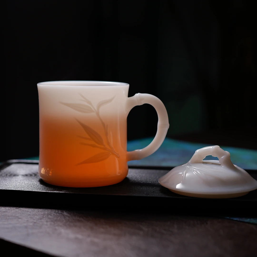 郭志保系列/璞玉釉烧/手工青瓷竹韵办公杯/260ml茶具茶杯高档带盖