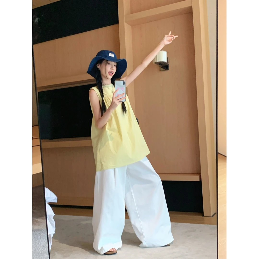 多巴胺两件套装少女感打褶无袖背心黄色T恤+休闲阔脚裤洋气直筒