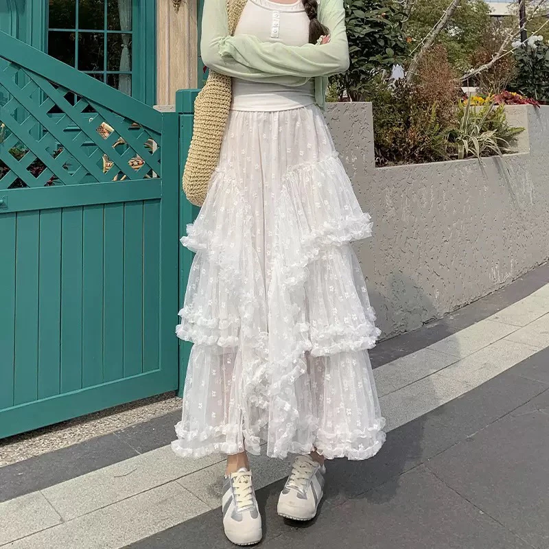 351—400白色蕾丝高腰A字甜美公主蓬蓬半身蛋糕长裙