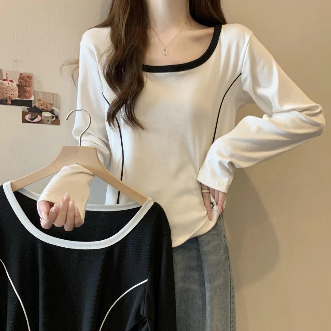 大码鱼骨正肩长袖t恤女秋新款显瘦修身辣妹撞色短款打底衫设计感