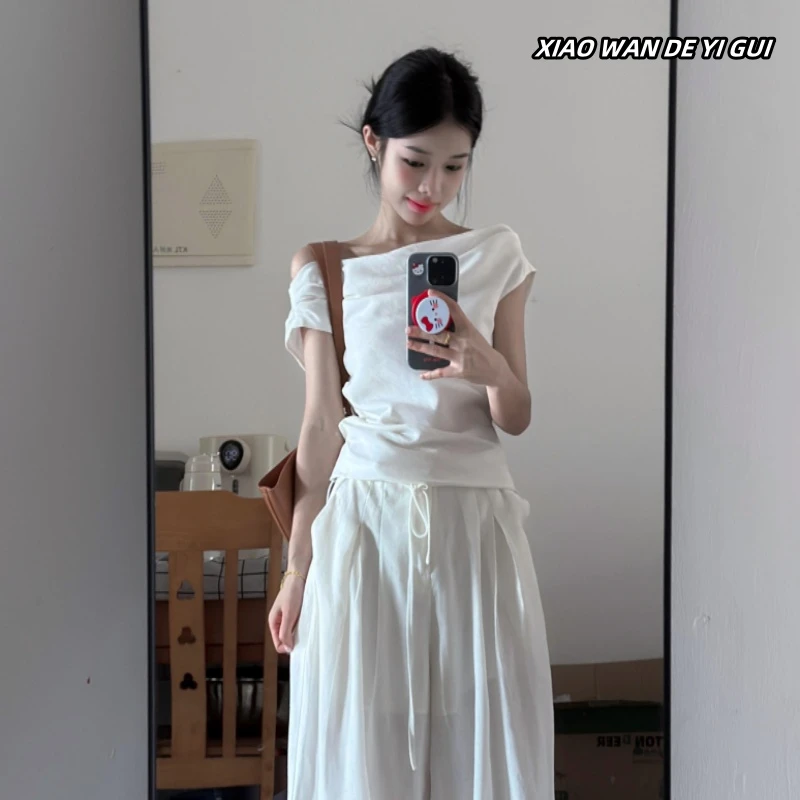 设计感小众斜肩纯棉短袖t恤女夏季新款辣妹修身纯欲风短款上衣服