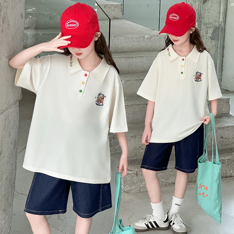 女童夏装套装韩版潮流大童洋气女孩夏款儿童POLO衫牛仔短裤两件套