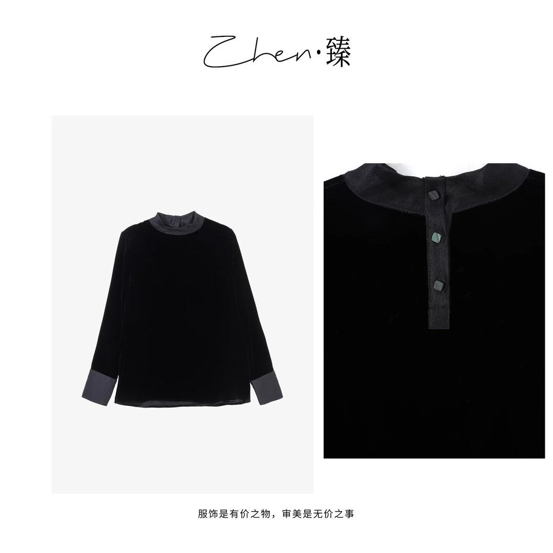 ZHEN.臻 欧货轻奢时髦立领拼接袖口真丝丝绒衬衫上衣SY7211Z