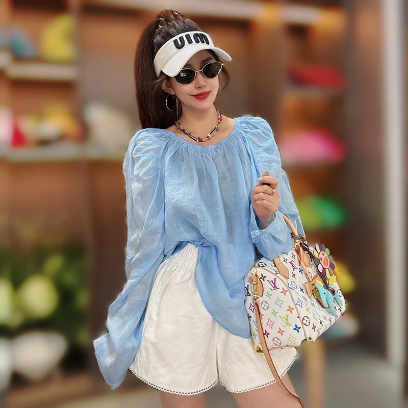 宽松洋气圆领长袖苎麻T恤女百搭休闲气质时尚小众法式一字肩上衣