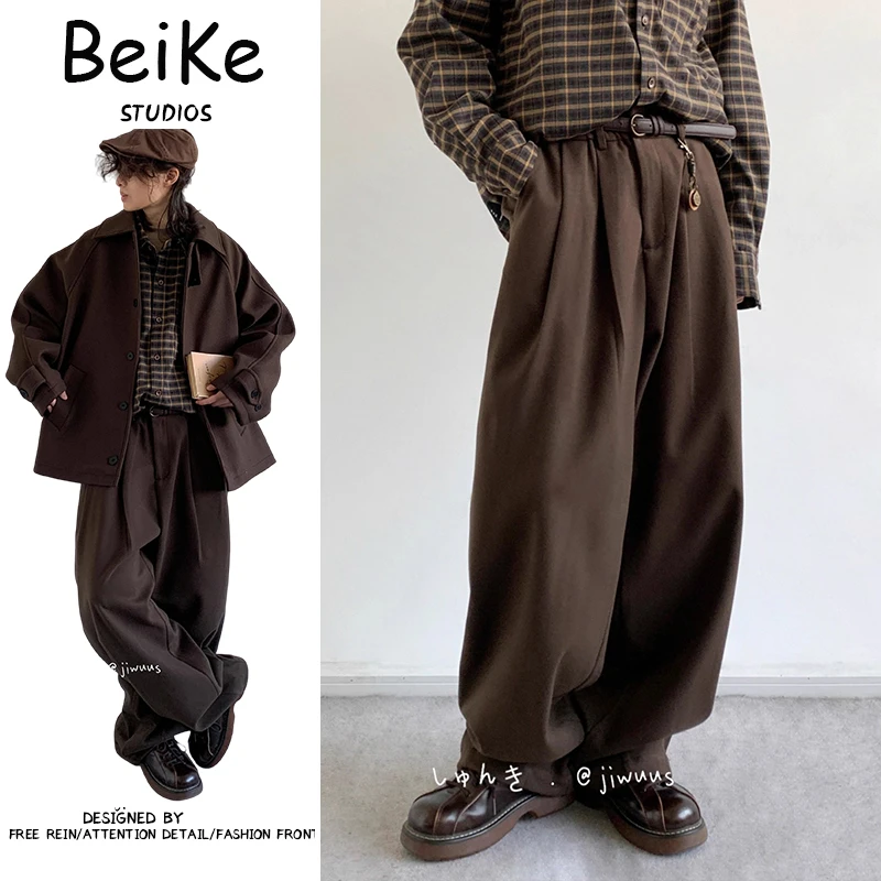 冬季咖啡色美拉德休闲裤男女生学院风阔腿直筒复古毛呢长裤子百搭