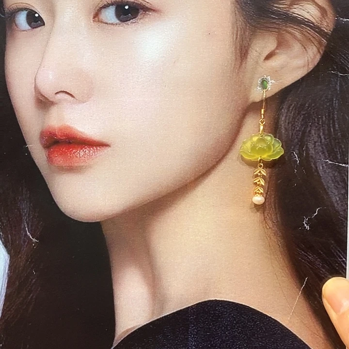 蛇纹石玉耳环银S925镶嵌