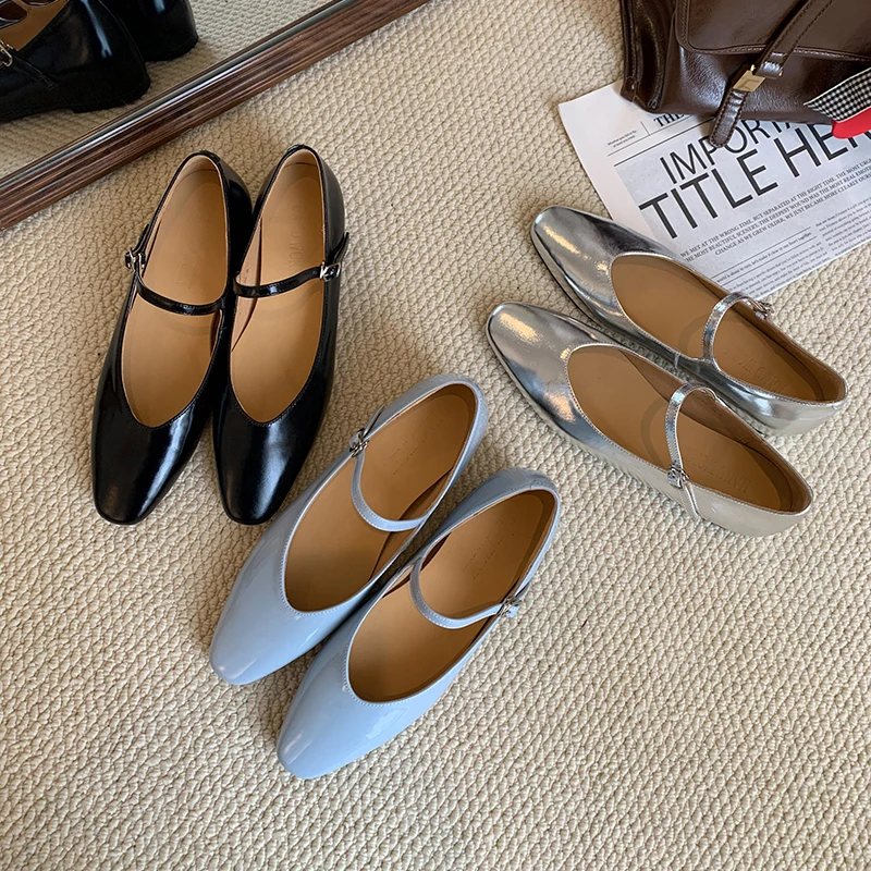 简约柔软真皮浅口玛丽珍单鞋女春秋新款一字扣带内增高圆头小皮鞋