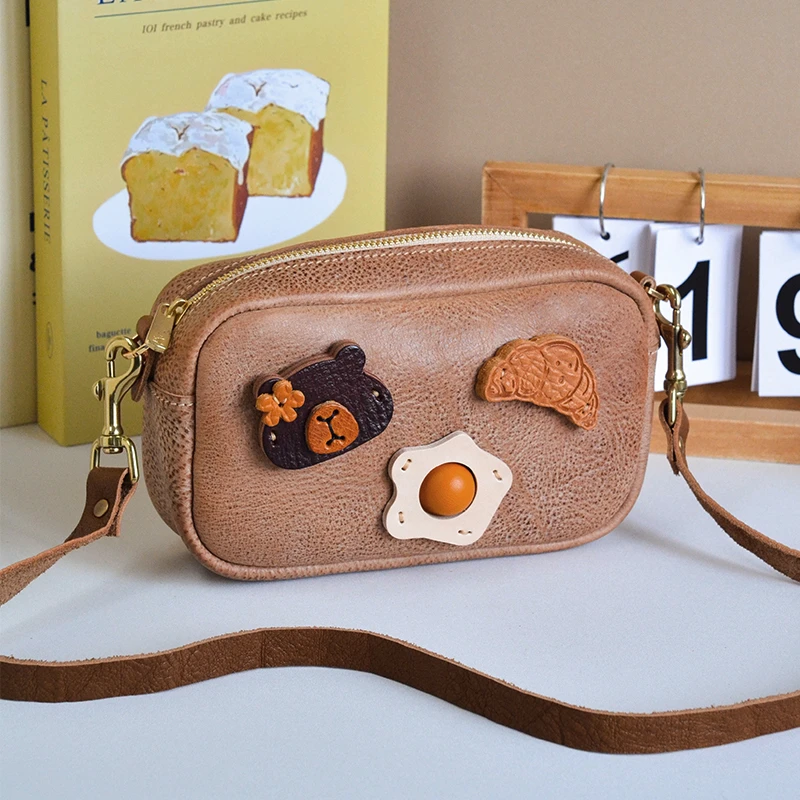 熊花花的早餐 治愈系斜挎包相机包小众可爱通勤真皮女包