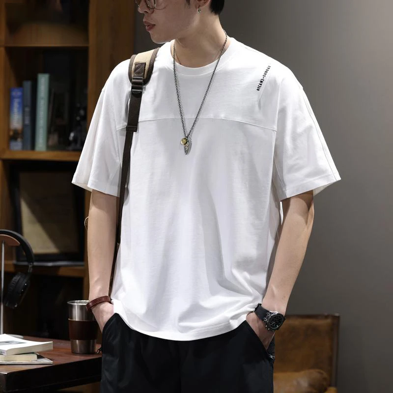 LEIGHZ/雷茨短袖T恤男士夏季新款宽松潮流刺绣拼接休闲重磅上衣男