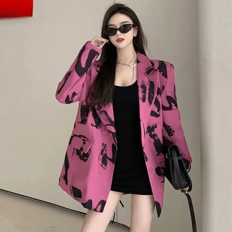 新款女豹纹V领宽松中长款西装外套简约通勤韩版双排扣长袖西装