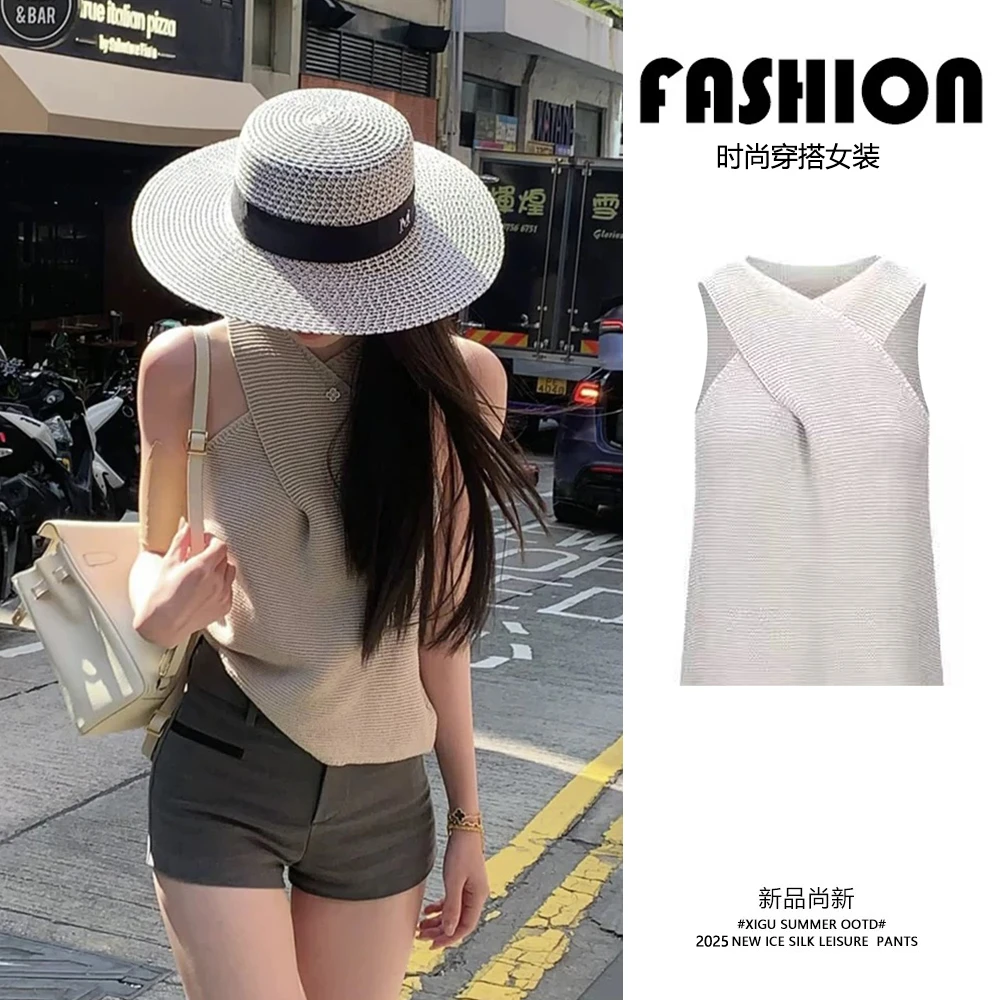 复古港风香肩美人交叉领针织吊带背心外穿女装设计感无袖短款上衣