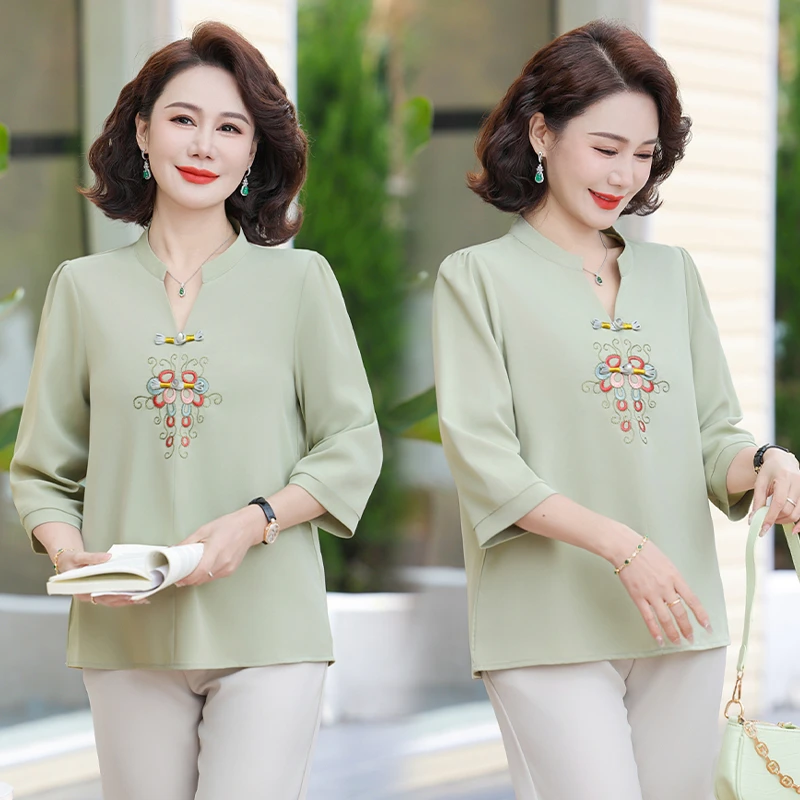 中年妈妈夏装七分袖雪纺衫中老年女装春秋装V领T恤气质中袖上衣