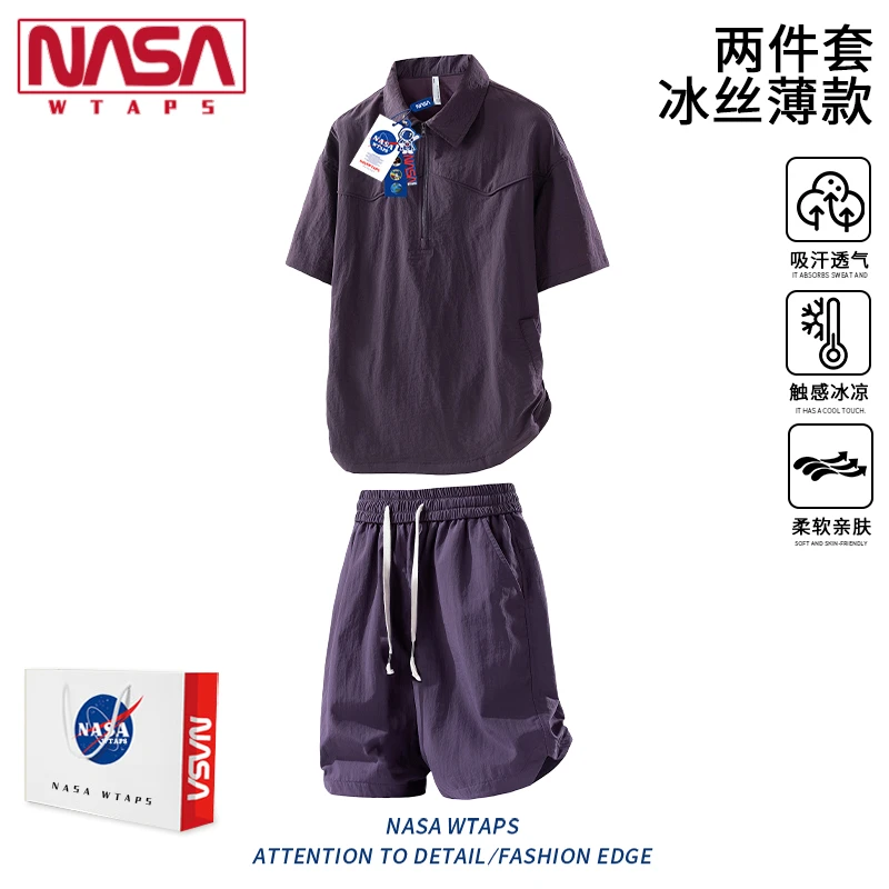 NASA WTAPS潮牌短袖t恤套装男士夏季新款半拉链翻领上衣短裤穿搭