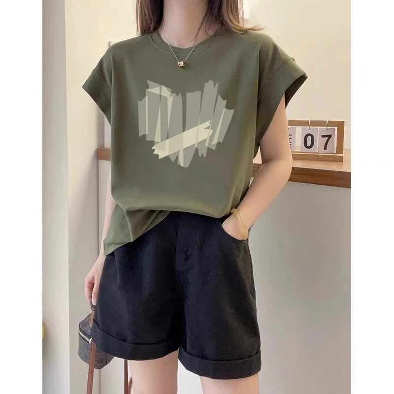 大码胖mm300斤爱心印花无袖t恤女2025夏季新款美式复古小飞袖上衣