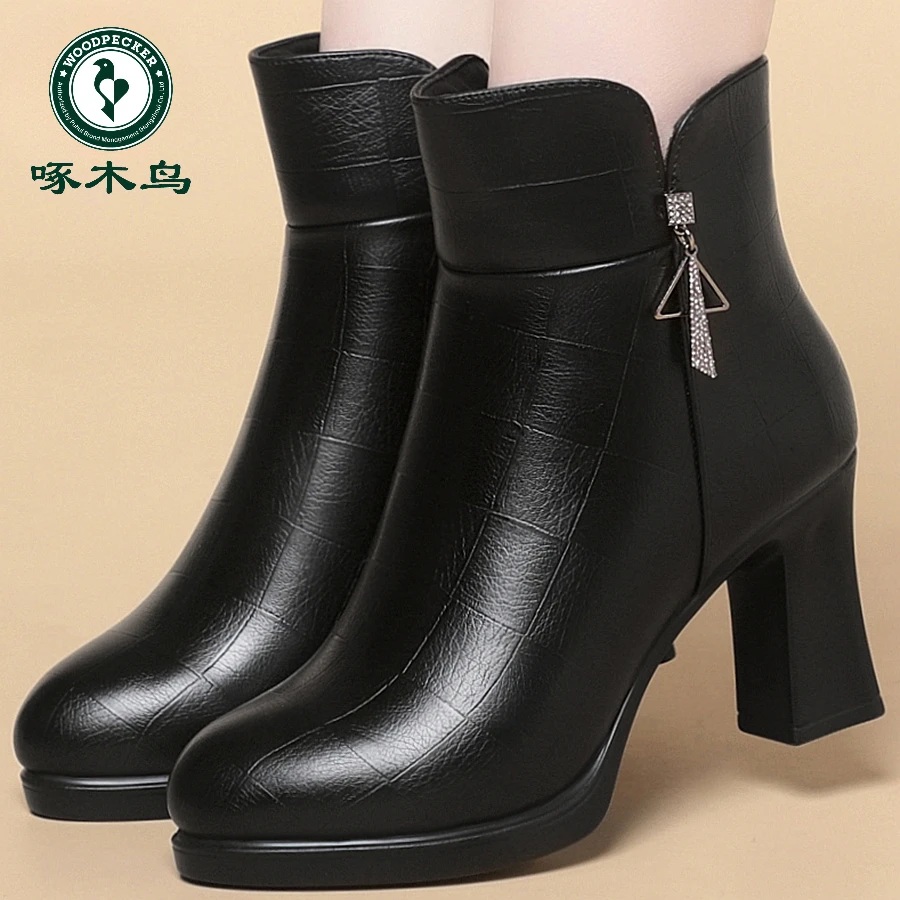啄木鸟时尚时装靴高跟鞋软面透气加绒内里女鞋中跟单里不累脚棉鞋