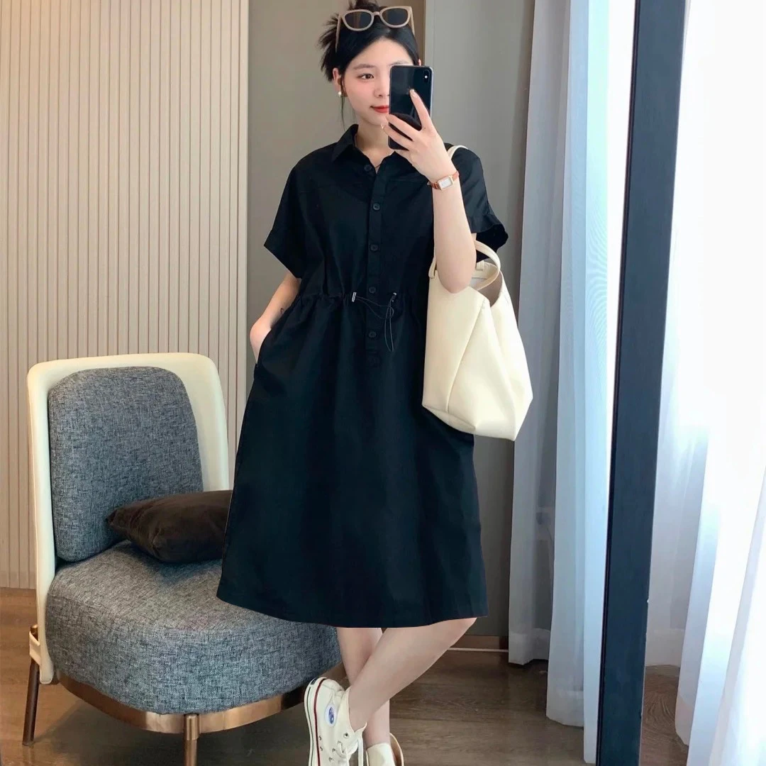 【洋洋】POLO领夏季通勤风单排扣连衣裙时尚收腰翻领夏装黑色L2810
