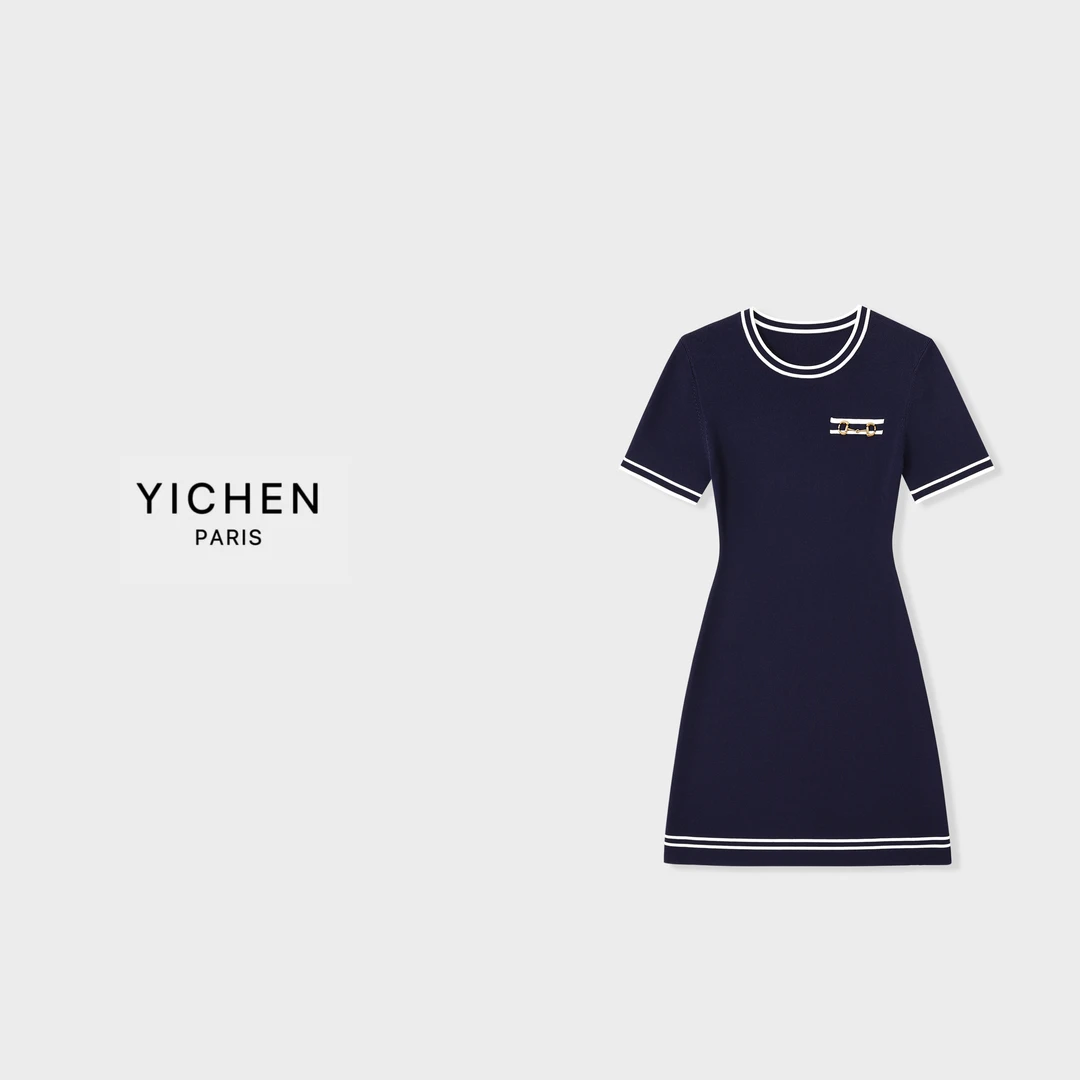 YC 经典老钱风藏蓝色拼接金属装饰显瘦针织连衣裙-2593