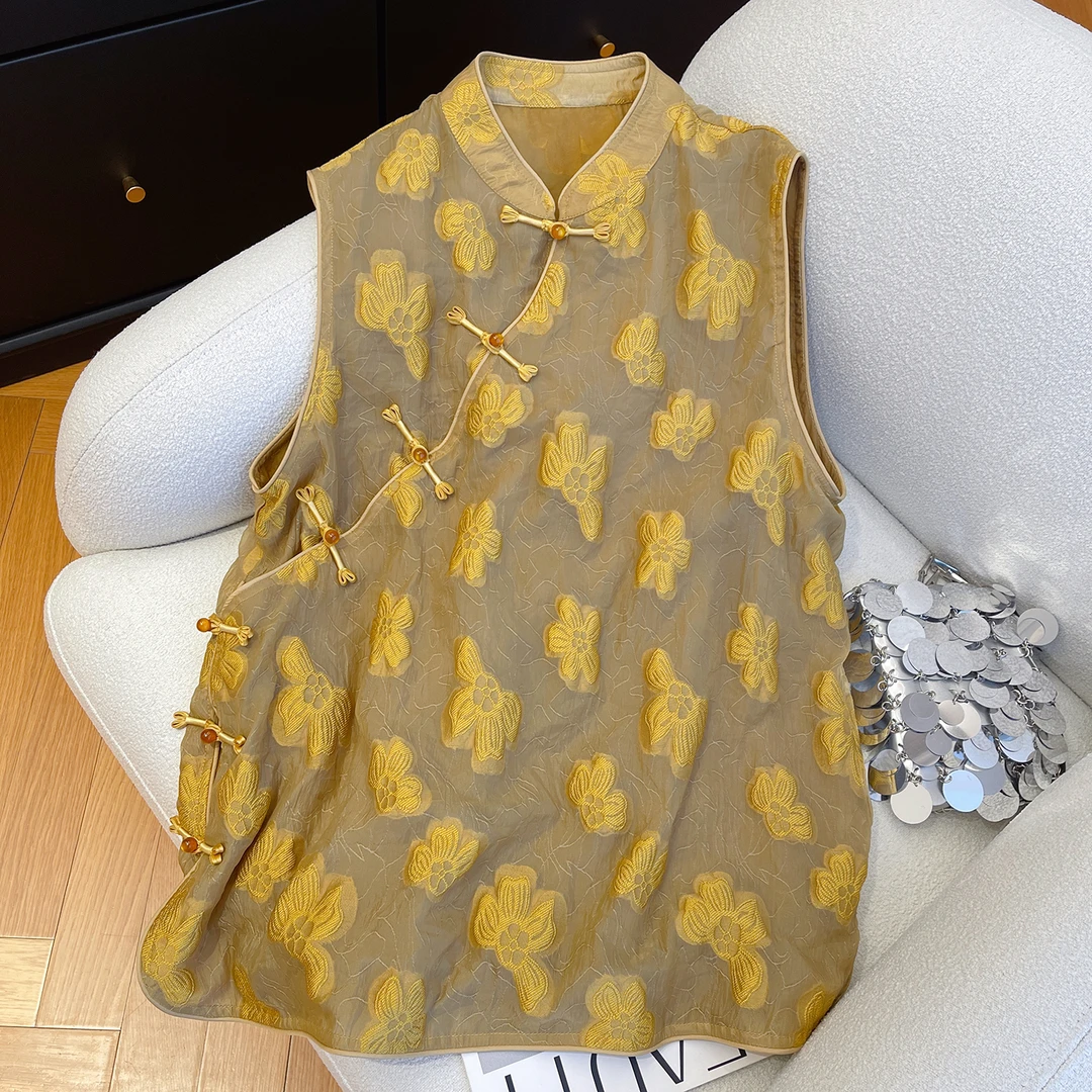 胖妹妹240斤大码新中式国风盘扣无袖衬衫女2025夏季小众提花上衣