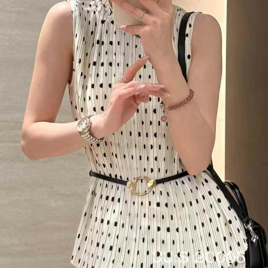 法式赫本风波点褶皱半身裙套装