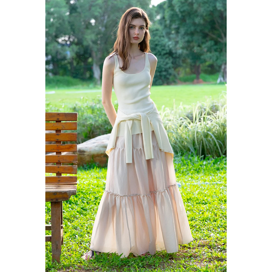 Miora Studio法式复古香槟色绑带半身裙 松紧腰垂感宽松气质长裙