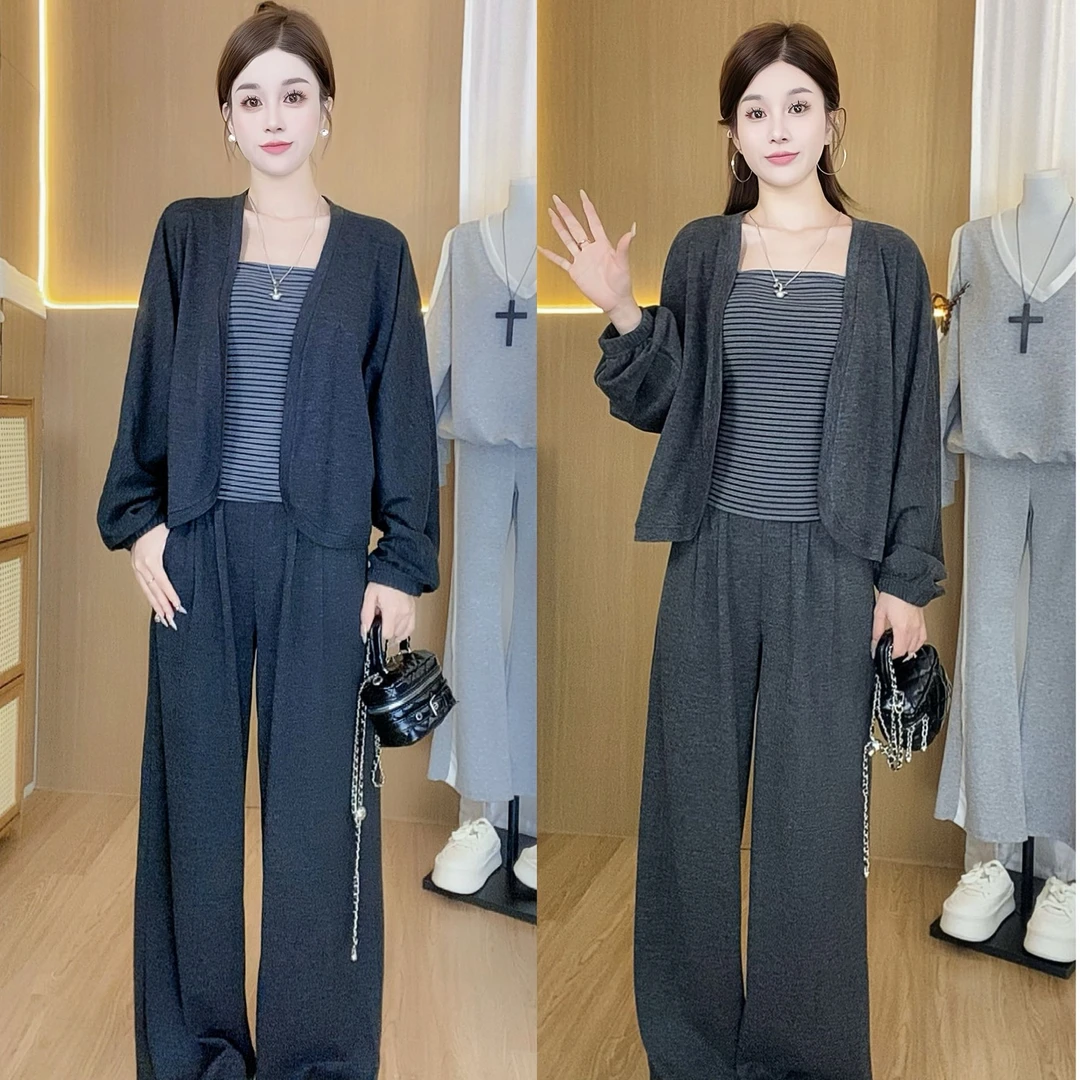 条纹吊带背心开衫外套+阔腿裤三件套女2025秋季新款休闲时尚套装