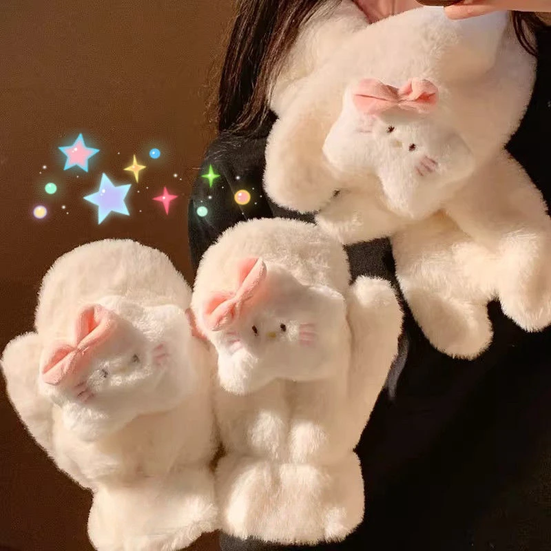 【咕噜】星星猫咪毛绒手套女冬季保暖挂脖加绒加厚棉学生防寒骑车