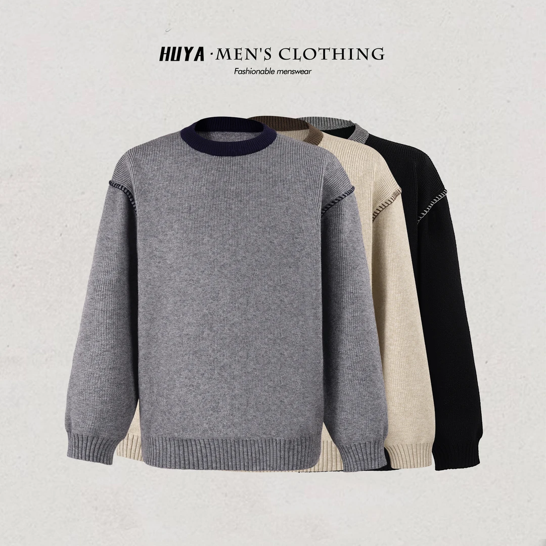 虎牙兄弟毛衣男款冬季哈梭线撞色设计感休闲百搭圆领针织衫M8130