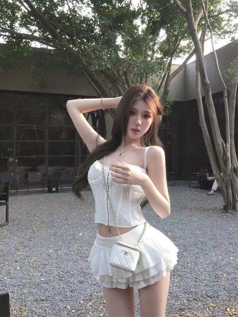 【Romantic】辣妹性感白色无袖内搭蕾丝塑身吊带背心短裙子纯欲两件