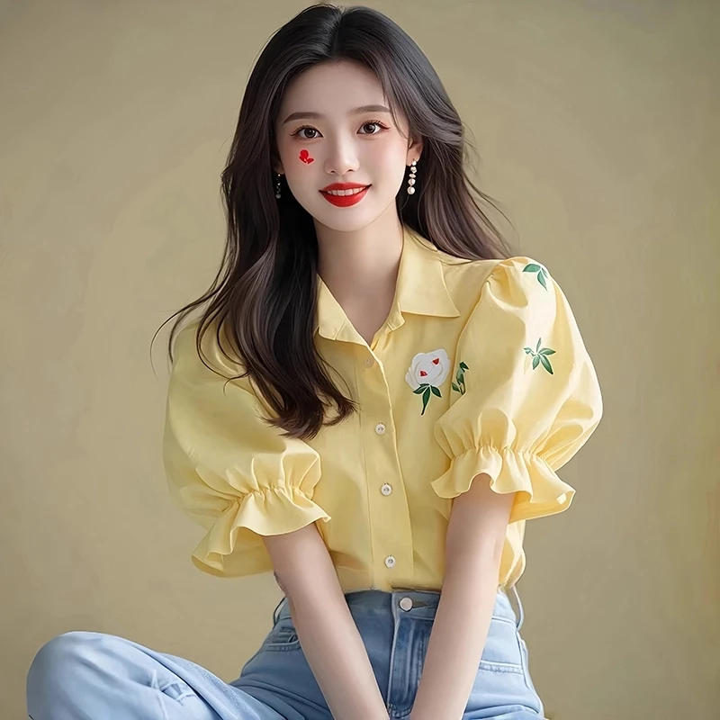 黄色泡泡袖印花衬衫短袖T恤春装女款2025新款洋气独特别致上衣夏