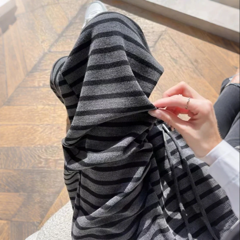 雪千羽撞色条纹阔腿裤女春夏新款薄款慵懒感休闲裤高腰拖地长裤子