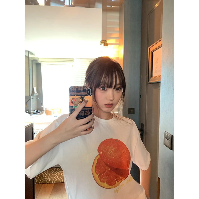王少女的店 白色宽松舒适感短袖T恤橘子创意印花上衣 T34478S52