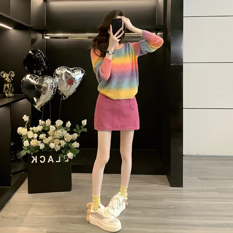 2025新款彩虹渐变毛衣女装春秋慵懒风宽松针织衫上衣半身裙两件套