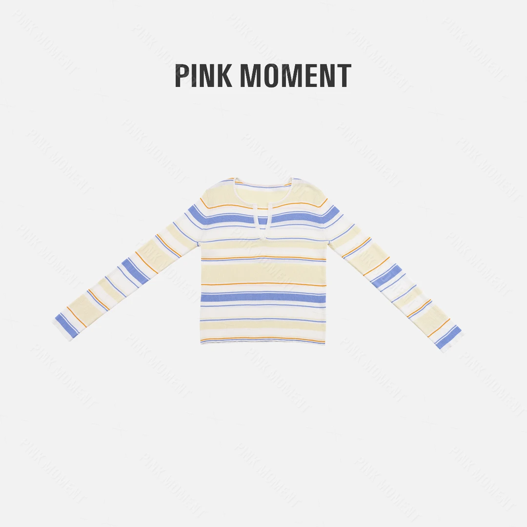 PM王囡囡 蓝黄条V领不规则条纹长袖T恤 ND1A0719