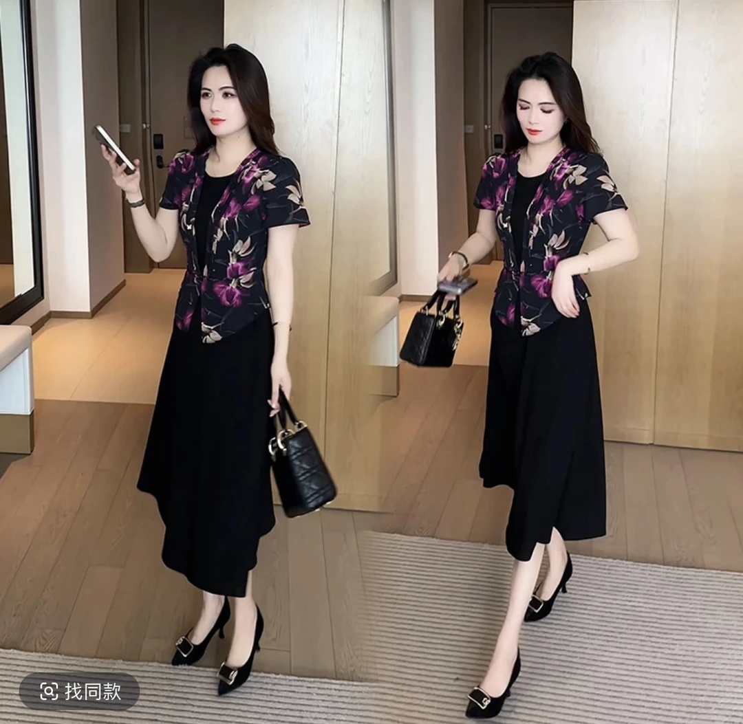 轻奢收腰显瘦短袖中长款连衣裙女2025夏季新款妈妈洋气假两件裙子