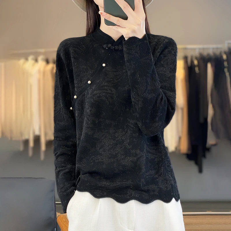 春竹羊毛衫秋冬新款中国风旗袍领纽扣长袖纯色百搭针织衫打底衫